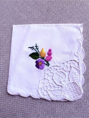 White Embroidered Floral Handkerchief - Purple, Pink, Yellow